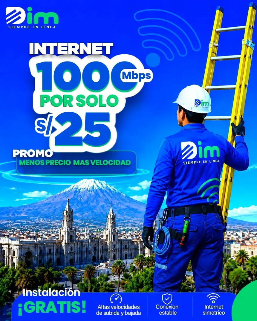Técnico DIM con la ciudad de Arequipa y el Misti: primer mes a 1000 Mbps con 50% de descuento, instalación gratis